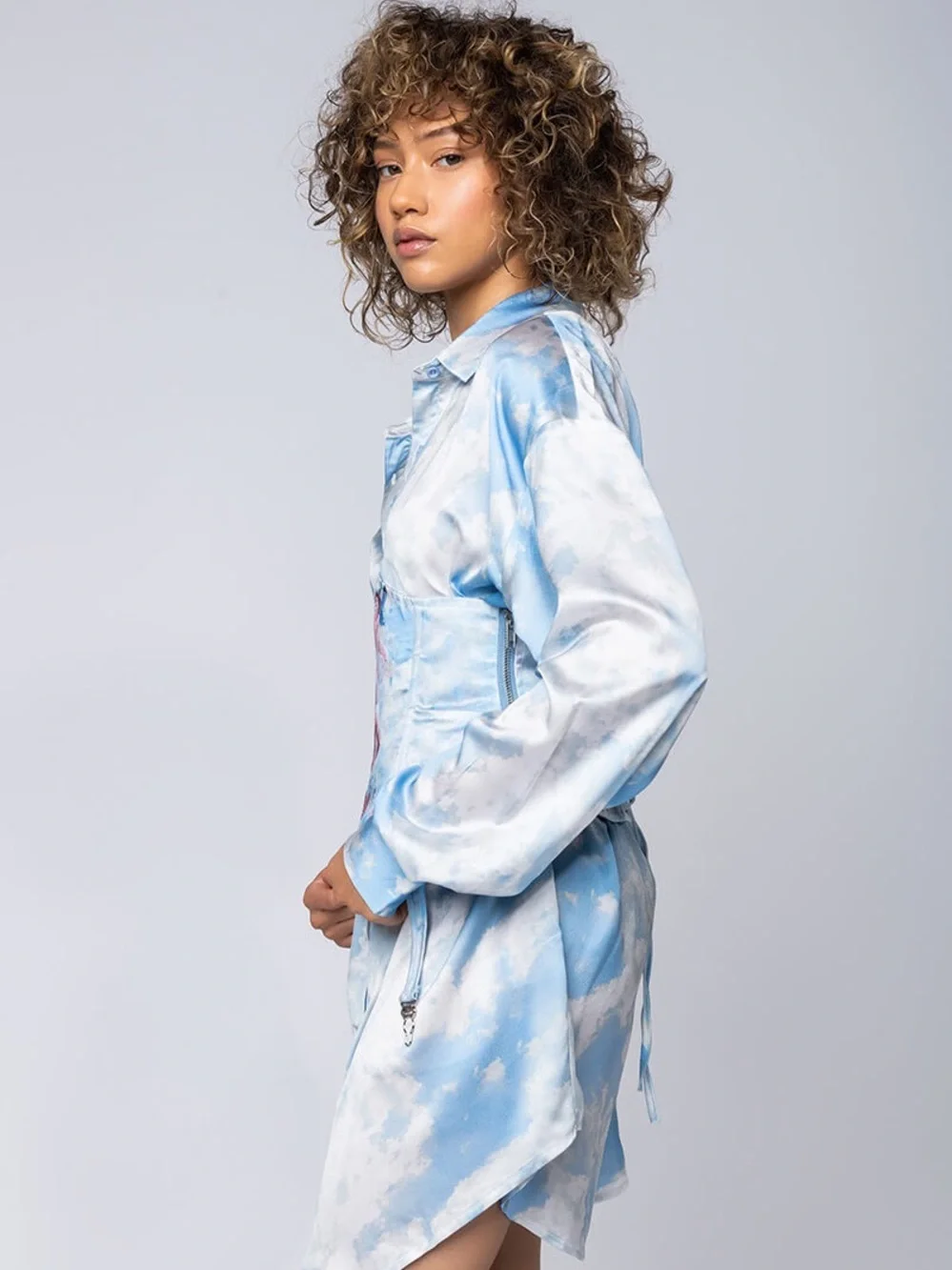 AKIRA Sky-Print Satin Corset Dress in Light Blue